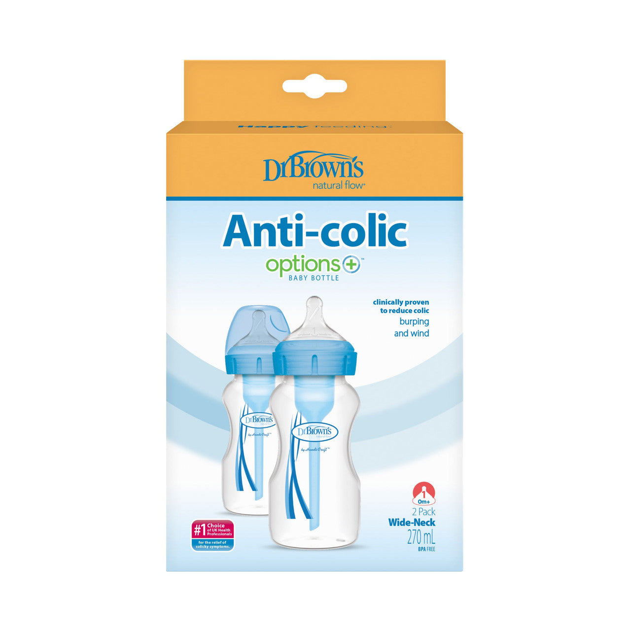 Dr Brown's Options+ Anti-Colic Baby Bottle Blue Twin Pack 270ml